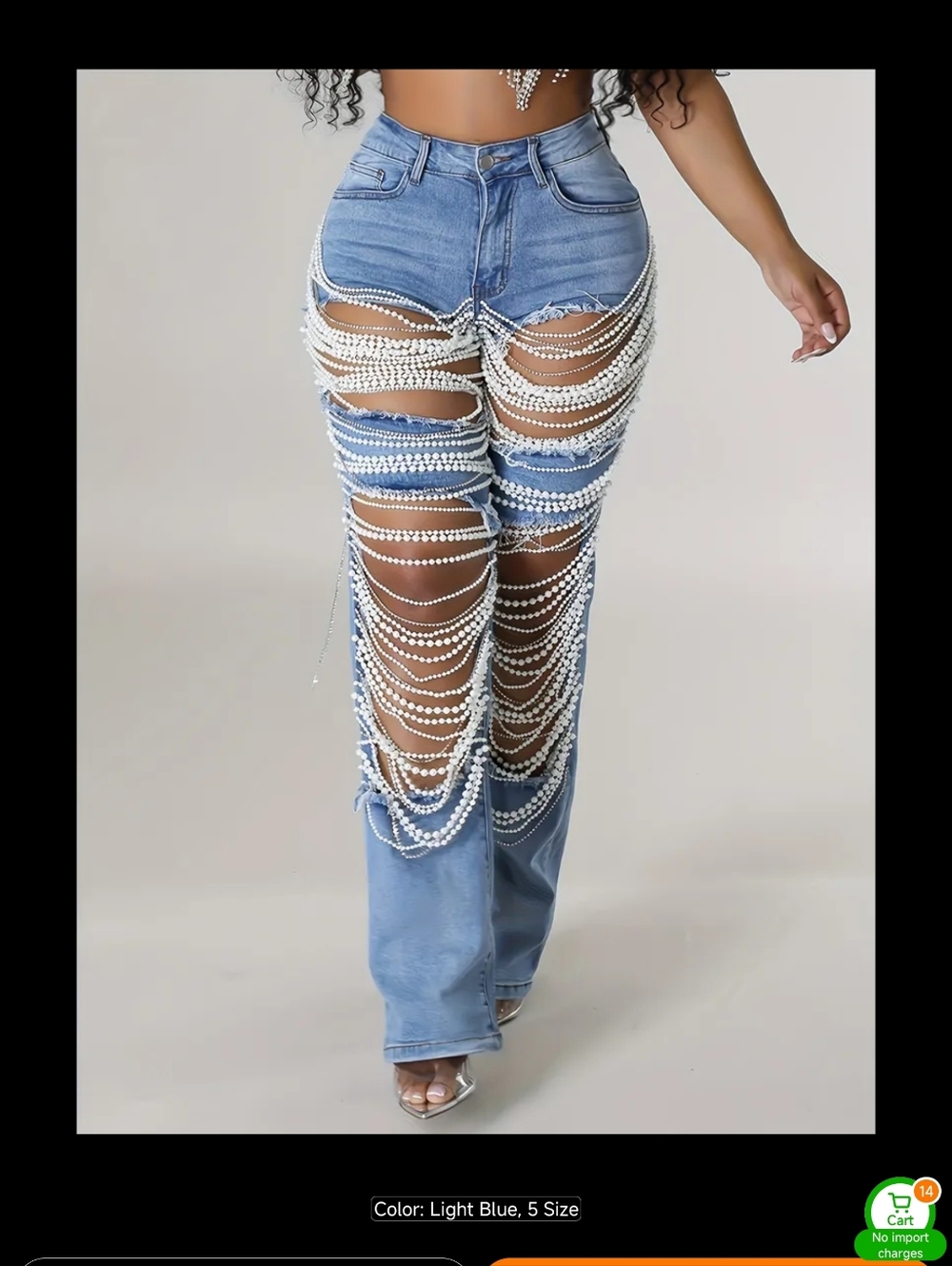 Light Blue Pearl-Embellished Distressed Women's Jeans - Picture 4 of 9